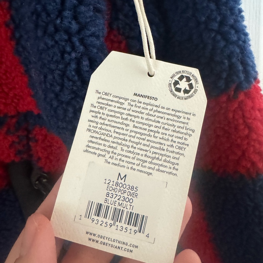 Obey Red and Navy Checkered Fleece Pullover - Picture 4 of 4